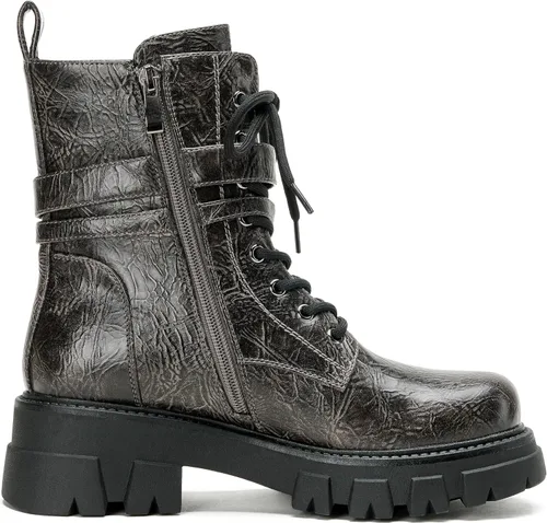 Vista 5 de Botas de combate para mujer, botas rave para mujer, botas de motocicleta de moda, con hebilla, góticas, tacón grueso