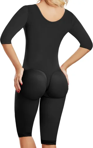 Vista 2 de 0710 Fajas Colombianas Moldeadoras con mangas y sujetador, faja moldeadora para control de abdomen en Powernet, longitud hasta la rodilla, ganchos