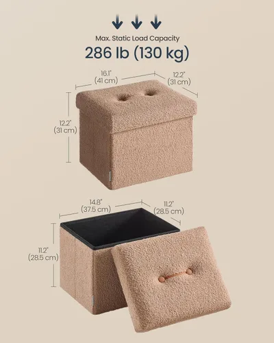 Vista 3 de SONGMICS Otomana pequeña plegable de almacenamiento, taburete reposapiés, 12.2 x 16.1 x 12.2 pulgadas, otomana con almacenamiento, carga de hasta