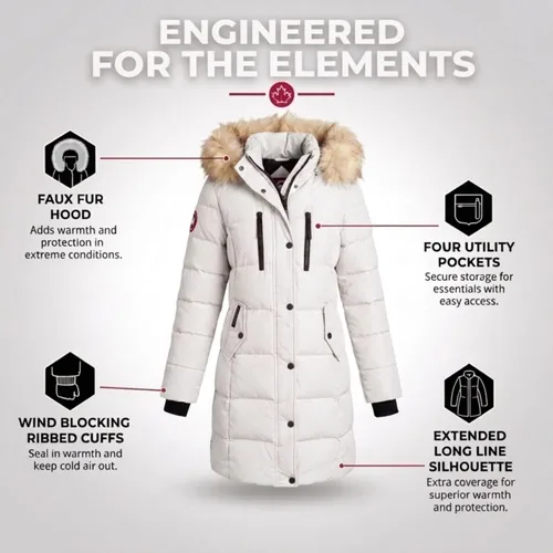 Vista 7 de CANADA WEATHER GEAR - Abrigo largo acolchado para mujer - Parka con capucha de piel sintética resistente al viento y al agua para invierno Blanco