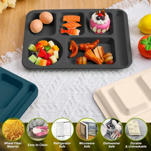 Vista 4 de Uiifan 16 platos divididos de trigo grandes de 14.2 pulgadas para adultos, bandejas irrompibles con compartimentos, platos, bandejas de cafetería