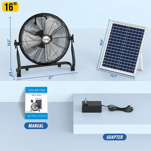 Vista 9 de Ventilador solar de 16" con panel solar desmontable de 20 W, negro 16" negro