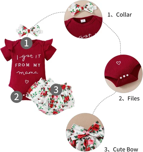 Vista 3 de Kehen Conjunto de mameluco de manga con volantes y pantalones cortos para bebé niña, trajes florales de verano, lindos artículos esenciales
