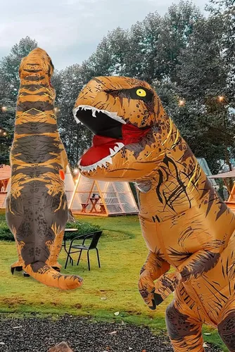 Vista 7 de Disfraz inflable de T-Rex para adultos, traje de dinosaurio de tiranosaurio (tamaño libre, marrón)