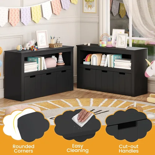 Vista 7 de HONEY JOY Organizador de almacenamiento de juguetes para niños, estante de guardería para niños, 3 cajas de juguetes de madera con ruedas, armario