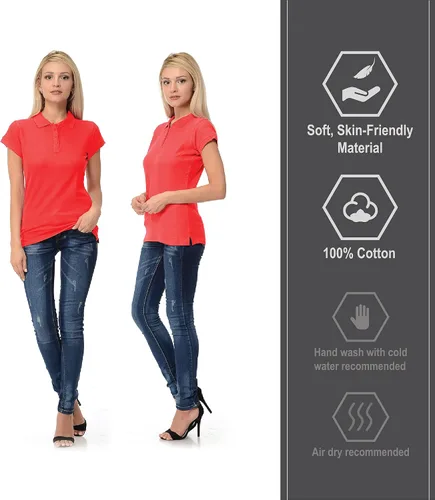 Vista 5 de Polo de manga corta para mujer 100% algodón ajustado para mujer (EE.UU., Alpha, L, regular, regular, rojo), Rojo