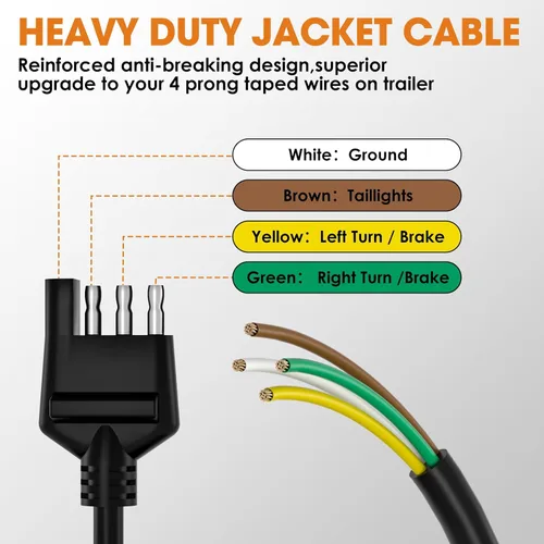 Vista 3 de arnés de cableado de remolque de 4 vías de 5 pies con cable recubierto, conector de extensión de remolque plano de 4 pines de 16AWG, arnés