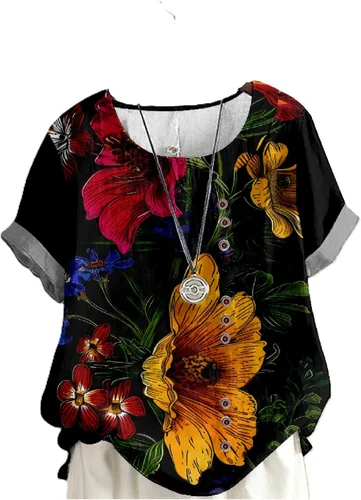 Vista 21 de domirica Camisetas de verano para mujer 2024 con estampado de flores, algodón, lino, manga corta, cuello redondo, camisas casuales de moda