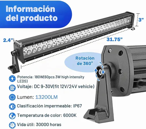 Vista 2 de Mofun Barra de luz LED de 180 W de 32 pulgadas con kit de cableado de interruptor remoto y soportes de montaje de parachoques delantero compatibles