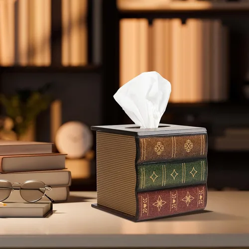 Vista 2 de Caja de pañuelos de madera de diseño clásico retro, cubierta de libro antiguo, dispensador cuadrado, soporte de papel, estuche para servilletas