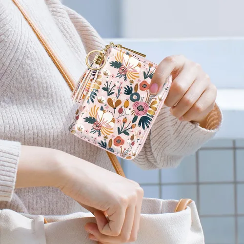Vista 7 de Coco Rossi Billetera pequeña para tarjetas de crédito RFID con purpurina linda para mujer, C Flores rosadas