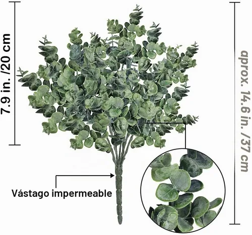 Vista 2 de Supla 3 piezas de hojas de eucalipto realistas, tallos de vegetación artificial, ramas de eucalipto sintético en gris y verde de 14.6 pulgadas
