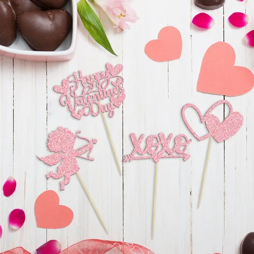 Vista 10 de Ephlyn 24 adornos para cupcakes con purpurina para el día de San Valentín, dulce amor, corazón, día de San Valentín, decoración para cupcakes