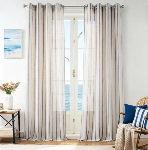 Vista 117 de DriftAway Cortinas de estilo granja con rayas verticales de lino mezclado texturizado con filtro de luz semitransparente para sala de estar