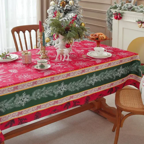 Vista 6 de SASTYBALE - Mantel navideño rectangular de 52x70 pulgadas, con diseño vintage de Flor de Pascua y acebo, resistente a las arrugas, para cenas