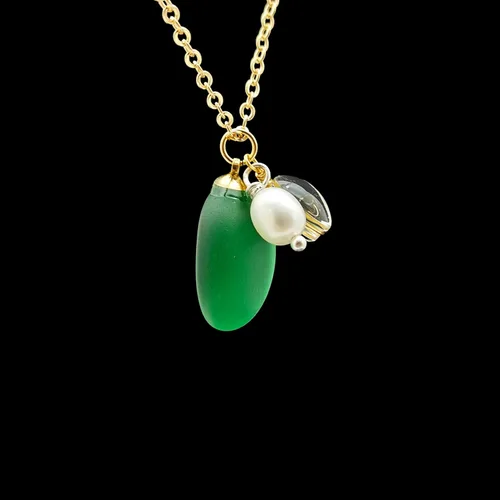 Vista 4 de Green Oval Sea Glass Mermaid Nature Freshwater Pearl December Birthstone Pendant Gold Plated Necklace for Women Handmade