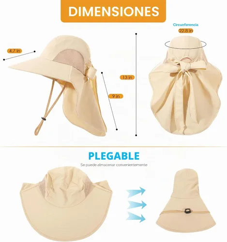Vista 7 de Sombrero de mujer con protección UV, plegable, impermeable, de ala ancha, tipo cubo, con solapa para el cuello para verano, playa, pesca, senderismo