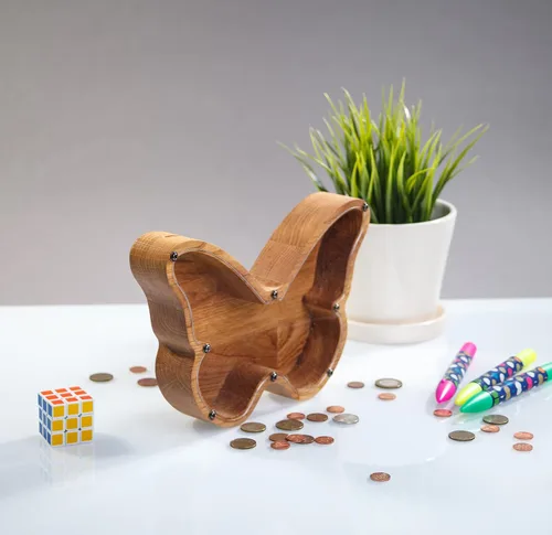 Vista 3 de BUTTERFLY - Alcancía para niños y niñas, caja de dinero personalizada para niños, ahorro de monedas de madera, idea de regalo perfecta