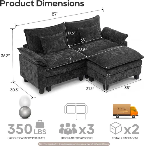 Vista 2 de URRED - Sofá seccional modular Cloud, sofá moderno en forma de L de 87" con profundidad de asiento con otomana y almohadas, ultra cómodo sofá