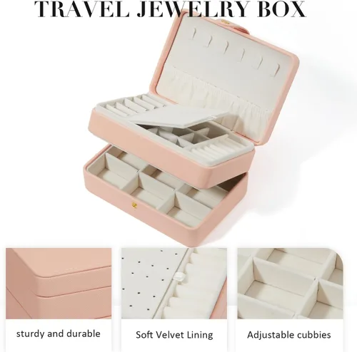 Vista 4 de BUTI4WLD Joyero pequeño, cajas de joyería para mujeres y niñas, caja organizadora de joyas, 2 capas organizador de almacenamiento de joyas de viaje