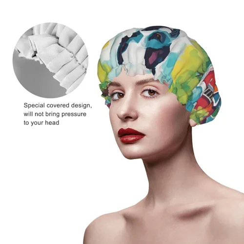 Vista 4 de A Home Dog - Gorro de ducha reutilizable de doble capa impermeable con cordón elástico para limpieza del hogar, cuidado facial, ducha