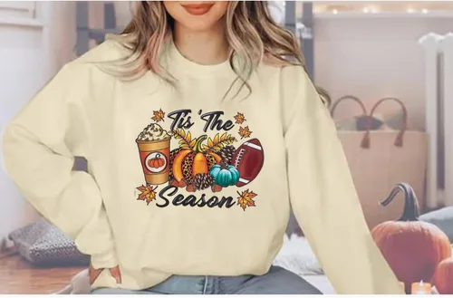 Vista 2 de Tis The Season - Sudadera de otoño para mujer, delgada camiseta de fútbol de domingo de calabaza, especias, casual, cuello redondo, sudadera de otoño
