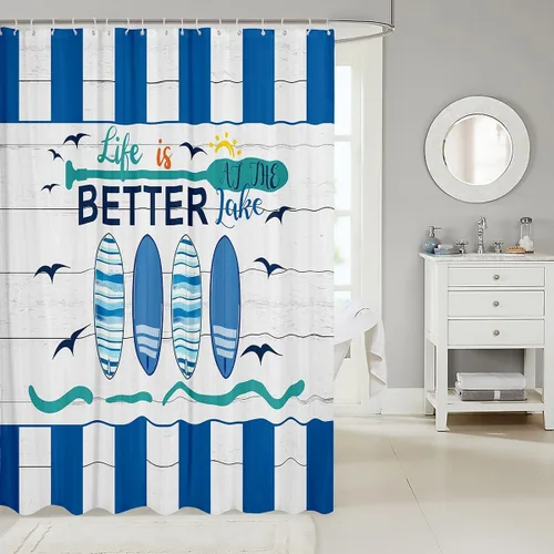 Vista 2 de Erosebridal Cortina de ducha náutica para niños y niñas, juego de cortinas de ducha de baño azul y blanco océano 72 x 72 pulgadas, cortina de ducha