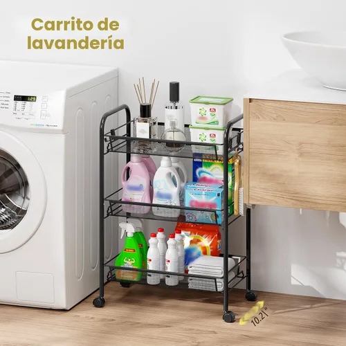 Vista 2 de TOOLF - Carrito con ruedas de 3 niveles, carrito de almacenamiento de metal Negro