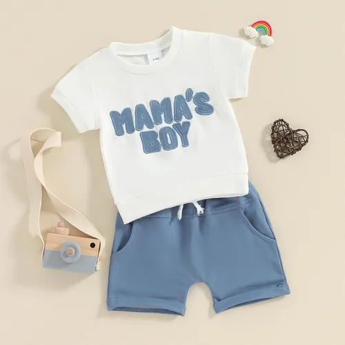 Vista 2 de Conjunto de camiseta de manga corta para bebé y niño, ropa de verano para bebé, pantalones cortos elásticos enrollados C- azul