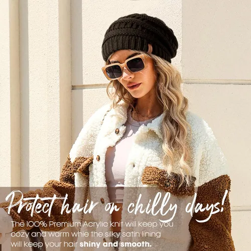 Vista 66 de FURTALK Gorro de invierno para mujer, con forro de satén, tejido trenzado, grueso, holgado, gorro cálido