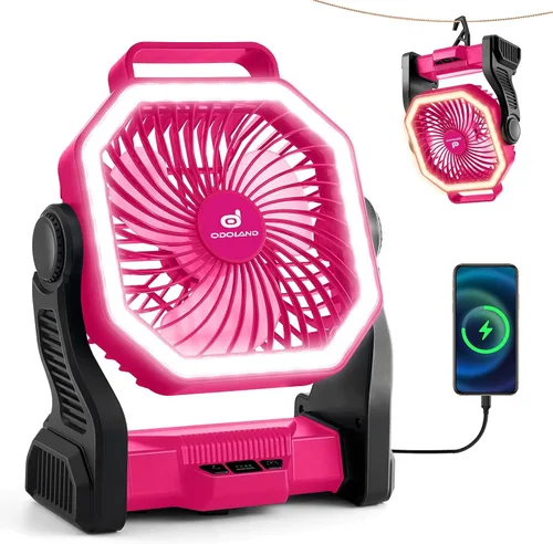 Vista 10 de Odoland Ventilador recargable portátil, ventilador de camping de 20000 mAh con linterna LED 4-Speed Airflow & 3-Color Light Oscillating Fan with
