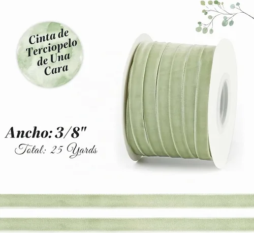 Vista 2 de Cinta de terciopelo verde salvia, 3/8 pulgadas x 25 yardas, cara