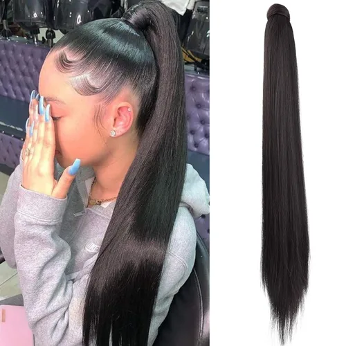 Vista 33 de SEIKEA Extensión de cola de caballo con clip alrededor del cabello lacio para mujer (12 pulgadas, negro)