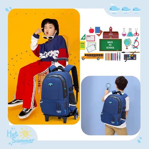 Vista 3 de Mochila con ruedas elementales de color sólido, estampado de camuflaje para niños, Azul, Mochilas Daypack