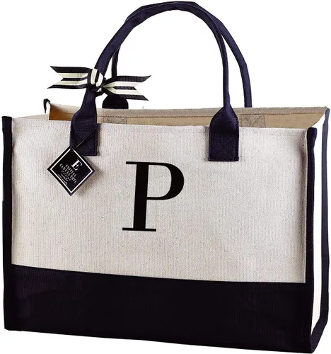 Vista 15 de Mud Pie Bolsas de lona clásicas con iniciales en blanco y negro (S), 100% algodón, 17" x 19" x 2