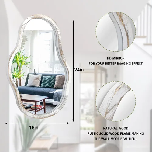 Vista 2 de Espejos asimétricos para pared, espejo de marco de madera irregular blanco, moderno, único, ondulado, para colgar en el baño, tocador, dormitorio