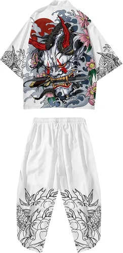 Vista 3 de Conjunto de kimono japonés para hombre, manga siete abierta, traje de cárdigan urbano, casual, holgado, estampado Yukata, B6