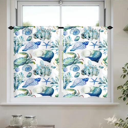 Vista 14 de Cortinas cortas de cocina con diseño náutico de tortugas marinas azules y playas, media cortina de baño para dormitorio, juego de 2 paneles de 27.5