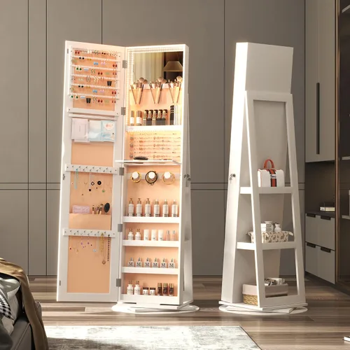 Vista 7 de Vlsrka Armario de joyería LED con espejo de longitud completa giratorio de 360, gabinete de joyería, espejo grande con cerradura de pie, organizador