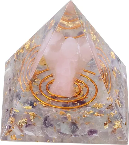 Vista 7 de mookaitedecor Pirámide de orgón de cristal aguamarina con ángel de la guarda de cuarzo rosa y piedras rodadas generador de energía de orgonita