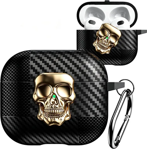 Vista 13 de Funda para AirPods Pro de 2ª generación, calavera con cerradura y llavero para hombres, divertida fibra de carbono de cuerpo completo, a prueba