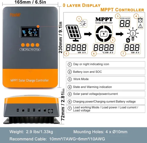 Vista 2 de Regulador de carga solar MPPT de 60 amperios PowMr, 12V/24V/36V/48V Auto, adecuado para batería de plomo-ácido y litio, entrada MAX 160V 2800W