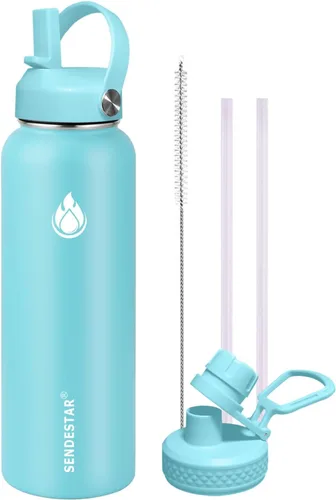 Vista 21 de SENDESTAR Botella de agua aislada de 24 onzas, boca ancha, botella de agua de 24 onzas con tapa con popote, tapa de boquilla, acero inoxidable