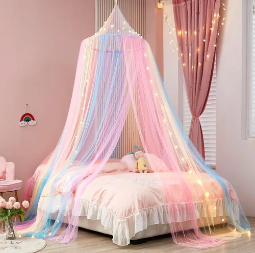 Vista 11 de Dosel de Cama para Niñas con Luces de Estrellas, Cortinas de Dosel de Cama de Princesa con Mosquitero de Estrella Dorada para Decoración de Rosa