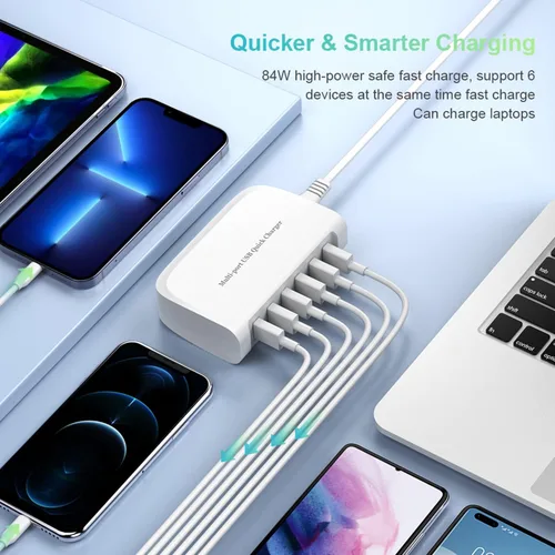 Vista 7 de Cargador rápido USB, estación de carga portátil de 6 puertos, adecuado para varios dispositivos, compatible con iPhone, iPad, Samsung, Google