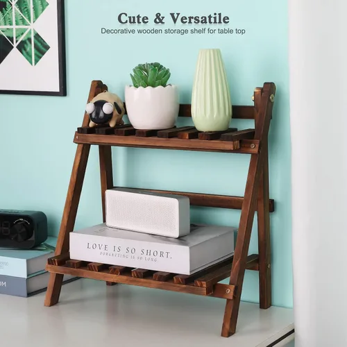 Vista 2 de Jotsport Soporte de mesa de 2 niveles para plantas, estilo escalón, organizador de almacenamiento de escritorio, estante de exhibición de madera