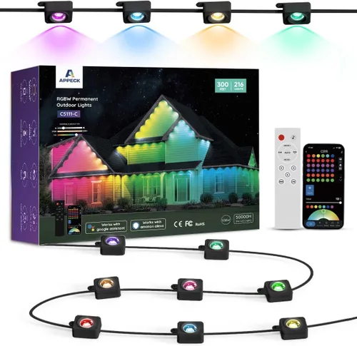 Vista 11 de APPECK Luces Permanentes para Exteriores de 200 pies con 144 luces LED, 72W, luces inteligentes RGBW para aleros, DC 36V, 40LM, luces de cadena