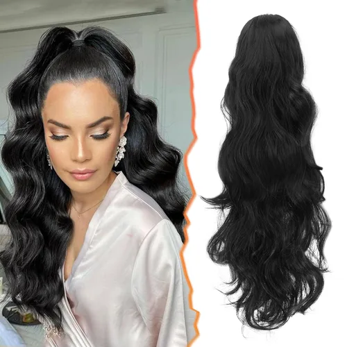 Vista 12 de BARSDAR Extensiones de cola de caballo con clip de garra, extensiones de cabello corto ondulado negro de 14 pulgadas para mujer, extensiones