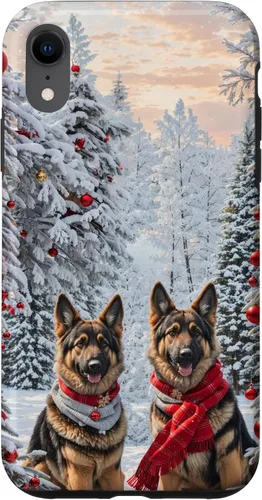Vista 24 de iPhone 16 Lindo perro pastor alemán en paisaje nevado feliz Navidad caso