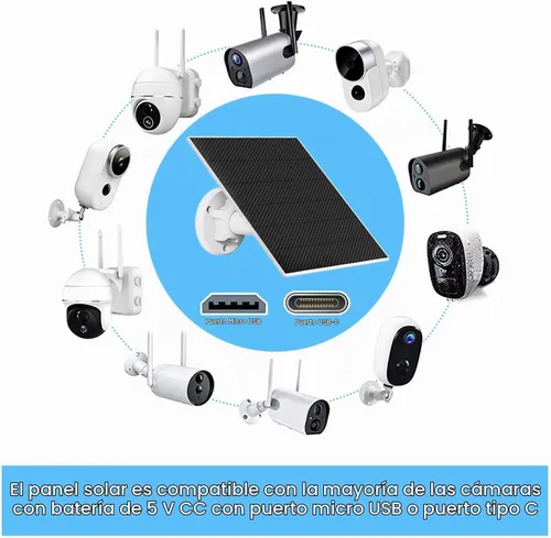 Vista 3 de DCT Panel solar para cámara de seguridad, 5 W con puerto micro USB y tipo C, IP65 impermeable al aire libre DC 5 V batería recargable 360° soporte